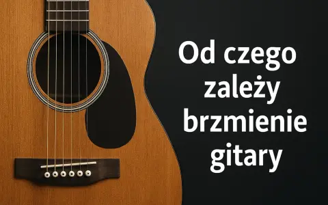 Zbliżenie na gitarę akustyczną. Tekst: "Od czego zależy brzmienie gitary". Piękny dźwięk gitary.