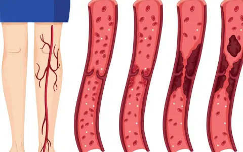 Illustration zeigt gesunde Wade und Blutgefäße mit zunehmender Thrombosebildung. Ein Thrombose Test Wade kann dies aufzeigen.