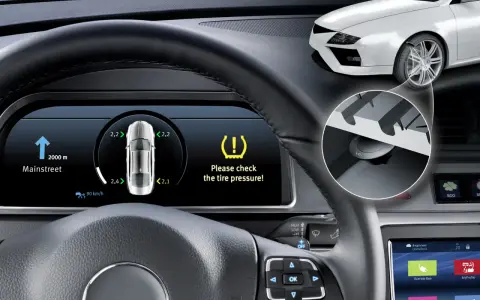 Cruscotto auto con avviso di controllare tpms. Indicatore di pressione pneumatici basso e simbolo di attenzione.
