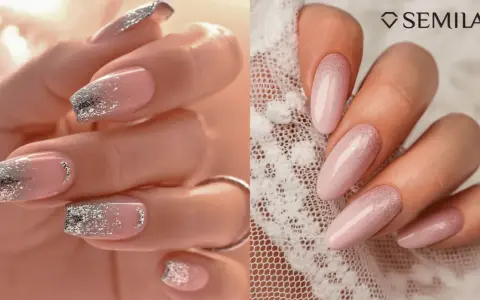 Unghie eleganti con sfumature rosa cipria e dettagli glitter oro e argento, perfette per una sposa.