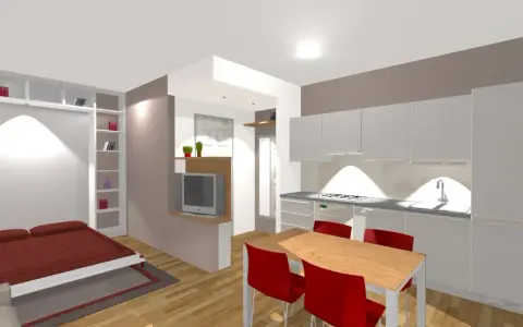 Pianta di un monolocale di 30 mq: letto, libreria, cucina moderna e tavolo con sedie rosse.
