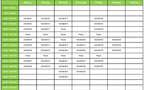 Ein detaillierter Wochenplan, der hilft, den Tag zu strukturieren. Hier kann man seinen persönlichen lernplan erstellen und Aktivitäten sowie Pausen eintragen.