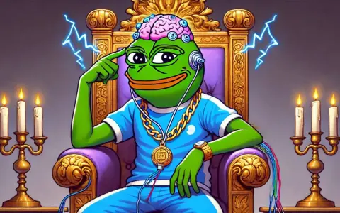 Pepe z mózgiem podłączonym do tronu, w złotym łańcuchu i słuchawkach, symbolizuje potęgę pepe usd.