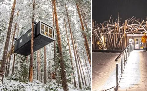 Trädkoja i Harads, Sverige, svävande bland snöklädda tallar. Till höger, en bro leder till en byggnad med en unik fasad av träpinnar.