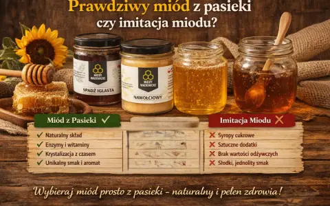 Jak rozpoznać prawdziwy miód? Porównanie miodu z pasieki i imitacji: naturalny skład, enzymy, krystalizacja, smak vs. syropy, dodatki, brak wartości.