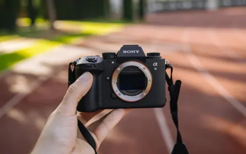 Dłoń trzyma aparat Sony Alpha 9 z obiektywem. Jego zaawansowany **global shutter** pozwala na uchwycenie dynamicznych scen bez zniekształceń.