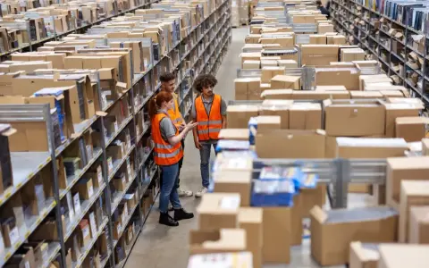 Tres trabajadores revisan inventario en un almacén, optimizando la logística de aprovisionamiento. Estanterías llenas de cajas y productos se extienden hasta el fondo.