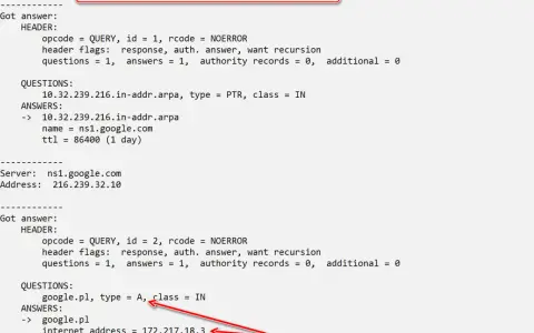 Wynik zapytania nslookup dla google.pl, pokazujący konfigurację strefy DNS i czas TTL rekordu A.