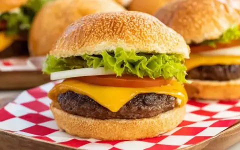 Soczysty burger z serem, sałatą, pomidorem i cebulą na czerwono-białej kratce.