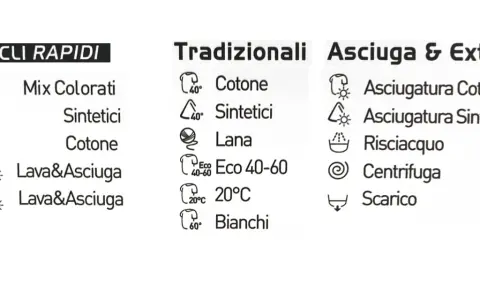 Tabella simboli lavaggio lavatrice italiano: cicli rapidi, tradizionali e asciugatura. Indica programmi per cotone, sintetici, lana e lavaggio/asciugatura.