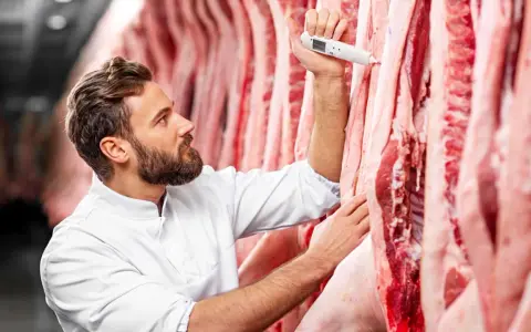 Metzger prüft mit Thermometer die Qualität von abgehangenem Rindfleisch in Kühlhaus.