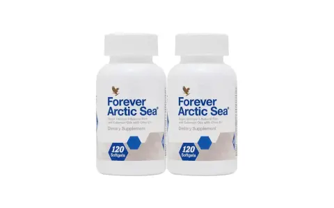 Dwie butelki suplementu Forever Arctic Sea, zawierającego kwasy omega-3 z ryb i kalmarów, niczym skarby z arktycznego morza.