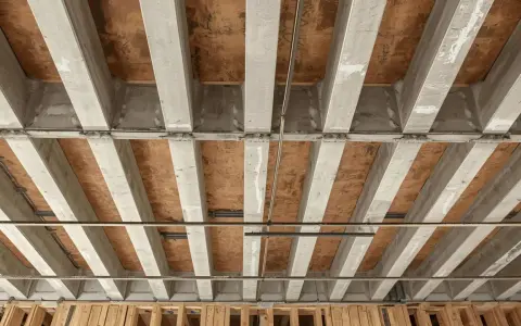 Widok od dołu na betonowe belki stropowe, gdzie żebro rozdzielcze tworzy strukturę podtrzymującą.