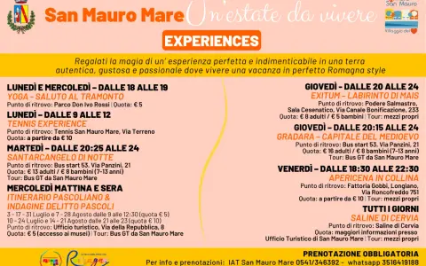 Programma "Experiences" a San Mauro Mare: yoga, tennis, escursioni e apericena per un'estate indimenticabile.