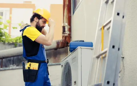 Certyfikowany instalator pomp ciepła w żółtym kasku i niebieskich ogrodniczkach przygotowuje się do pracy przy jednostce zewnętrznej.