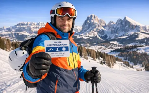 Narciarz w Dolomitach trzyma kartę "Polisa Ubezpieczeniowa" - idealna na narty we Włoszech. Bezpieczeństwo przede wszystkim!