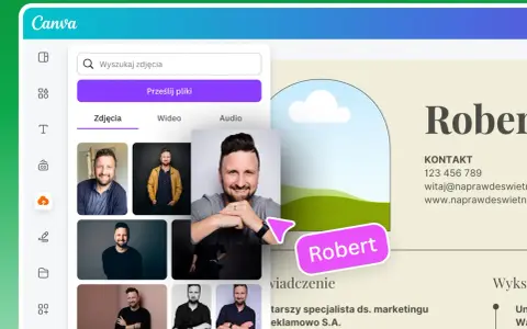 Tworzenie nowoczesnego CV w Canvie. Widok edytora z panelami do dodawania zdjęć i tekstu.