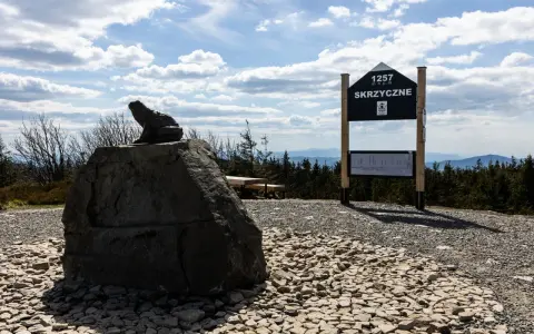Kamienna żaba na Skrzycznem, jednym z najwyższych beskid śląski szczyty. Tablica informacyjna i ławka zapraszają do podziwiania panoramy.