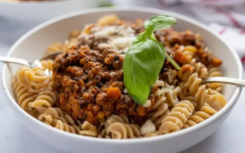Pyszne fusilli z sosem bolognese z soczewicy, posypane parmezanem i udekorowane bazylią. Idealne na szybki obiad, gdy szukasz inspiracji na soczewica przepisy.
