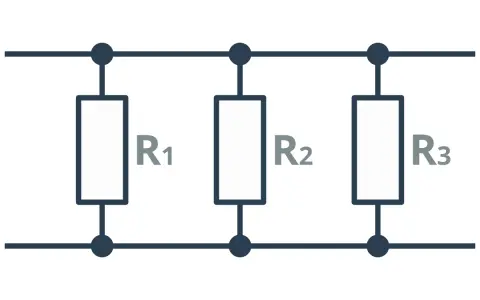 Schemat obwodu elektrycznego z rezystorami R1, R2, R3 połączonymi równolegle.