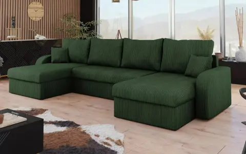 Divano angolare in velluto a coste verde foresta, con cuscini morbidi e un design moderno che invita al relax.