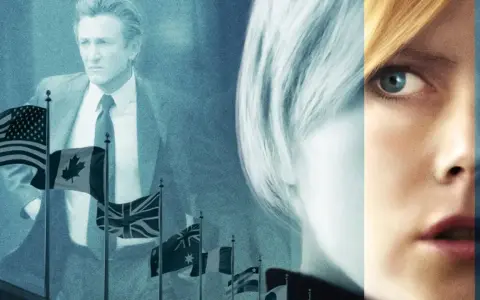 Sean Penn, circondato da bandiere internazionali, e il volto di Nicole Kidman, suggeriscono il thriller politico "The Interpreter".