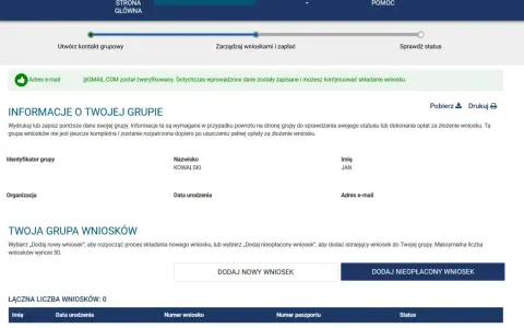 Informacje o grupie wniosków, nazwisko Kowalski, imię Jan. Możesz dodać nowy wniosek lub nieopłacony. Ta strona pokazuje, esta jak wypełnić.