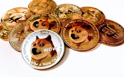 Kryptowaluta Doge w postaci złotych i srebrnych monet, z wizerunkiem psa Shiba Inu i napisem "WOW".