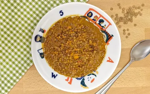 Un plato de lentejas bebé, cocinadas con zanahoria y especias, servido en un plato infantil con dibujos.