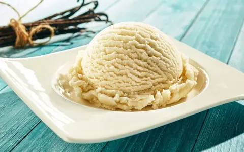 Une boule de glace maison à la vanille, servie sur une assiette blanche, avec des gousses de vanille en arrière-plan.