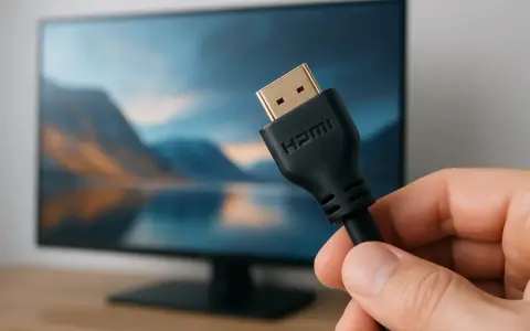 En hand håller en svart hdmi kabel 3 meter framför en datorskärm med en naturbild.
