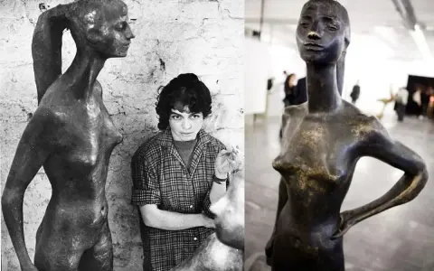 Alina Szapocznikow obok swoich rzeźb. Dwie fotografie przedstawiają artystkę i jej dzieła.