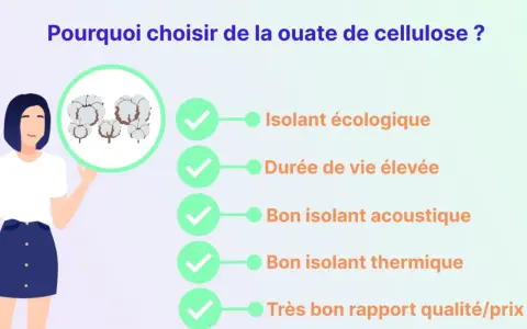 Une femme présente les avantages de la ouate de cellulose : isolant écologique, durable, acoustique, thermique et bon rapport qualité/prix.