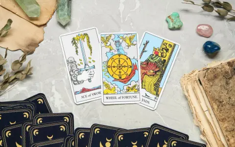 Karta życia tarot: As Mieczy, Koło Fortuny i Król Buław. Tajemnicze kryształy i stare księgi dopełniają mistyczną atmosferę.