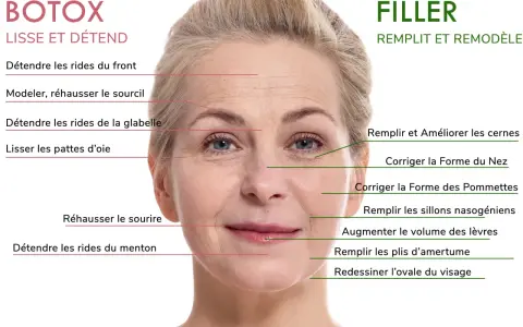 Une femme montre les zones du visage traitées par Botox et Filler. Le sillon nasogénien est une zone ciblée par le Filler pour un effet rajeunissant.