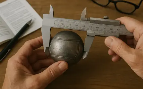 Comment mesurer le diamètre d'une boule de pétanque : un pied à coulisse mesure une boule métallique sur un bureau en bois.
