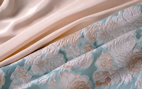 Tissu texturé bleu ciel avec des motifs floraux et un tissu satiné pêche. Parfait pour une robe d'été élégante.
