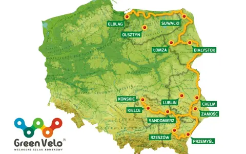Mapa Polski z zaznaczonym szlakiem rowerowym Green Velo. Trasa prowadzi przez malownicze tereny, w tym okolice Świętokrzyskie.