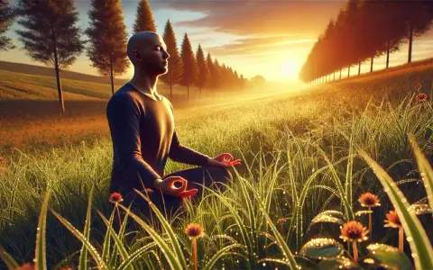 Man i lotusställning i soluppgången, omgiven av daggvått gräs. En stund av mantra meditation i naturens lugn.