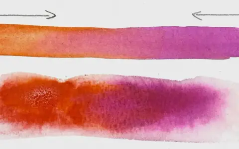 Dégradés de couleurs orange et violet, montrant comment utiliser de l'aquarelle pour créer des transitions douces.