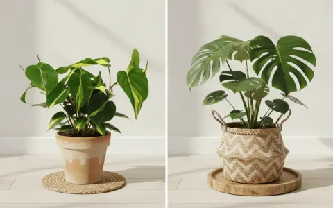 Dwie rośliny doniczkowe: po lewej filodendron z liśćmi w zielono-żółte pasy, po prawej monstera deliciosa. Różne monstera odmiany.