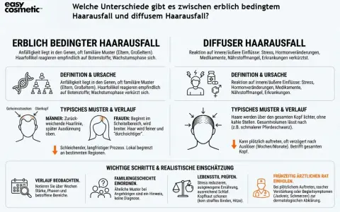 Infografik vergleicht erblichen und **diffusen Haarausfall**. Ersterer ist genetisch bedingt, letzterer eine Reaktion auf Stress, Hormone etc.