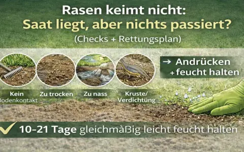 Rasen keimt nicht: Saat liegt, aber nichts passiert? Prüfe Bodenkontakt, Feuchtigkeit & Verdichtung. Andrücken & feucht halten!