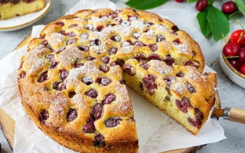 Saftiger Kirschkuchen, perfekt für das Kirschkuchen Rezept. Mit Puderzucker bestäubt und voller Kirschen.
