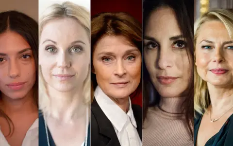 Fem svenska kvinnliga skådespelare i en collagebild. Deras ansikten visas i närbild, med olika uttryck och åldrar.