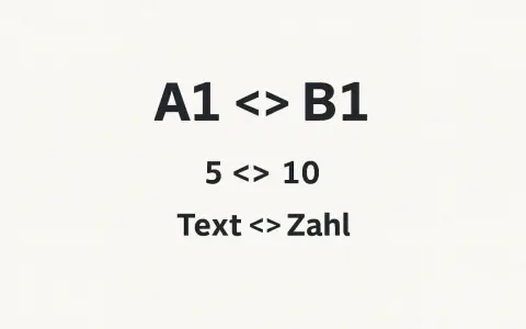 Excel-Beispiele: A1 ungleich B1, 5 ungleich 10, Text ungleich Zahl.