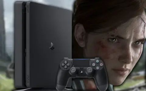 Ellie, con heridas visibles, mira fijamente mientras un mando de PS4 y la consola se colocan delante de ella, evocando la intensidad de the last of us serie.