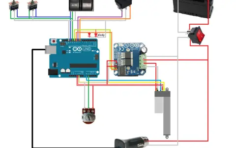 Schemat połączeń Arduino z elementami sterującymi: przełączniki, diody, silnik, akumulator.