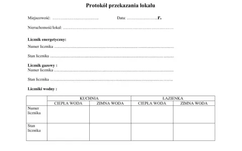 Protokół przekazania lokalu: dane o licznikach (energetyczny, gazowy, wodny) i kluczach. Dokument pomocny przy wynajem mieszkania jak się zabezpieczyć.