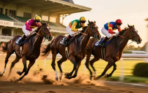 Trois jockeys colorés mènent une course de chevaux intense. Les sabots soulèvent la poussière, un spectacle captivant pour les amateurs de statistique hippique.